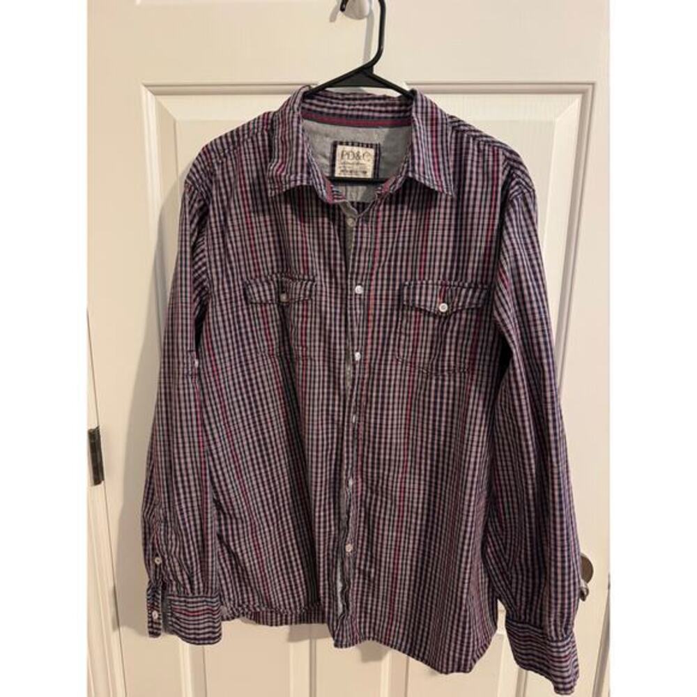 PD&C Mens 100% Cotton Plaid Button Down Long Sleeve Shirt Red Blue White XL